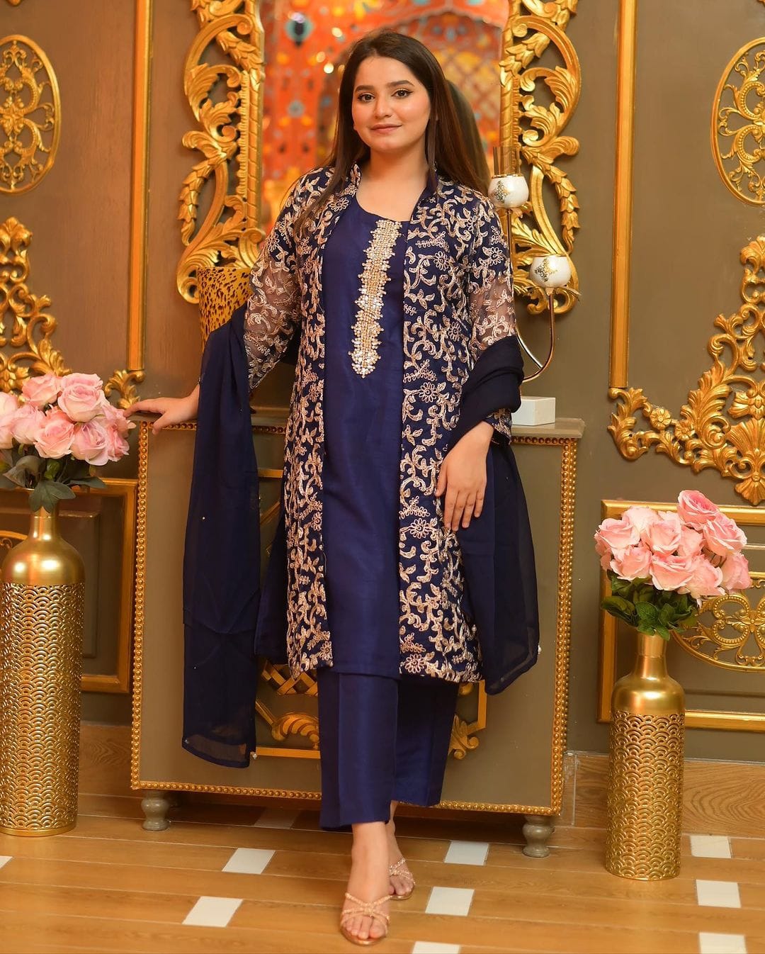 4 Pc Gown Chiffon Suit  Hand Work Embroidered